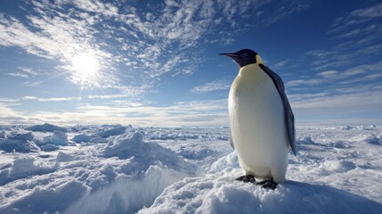 Obraz premium Majestic Emperor penguin standing proudly on ice in the Antarctic under bright sunlight