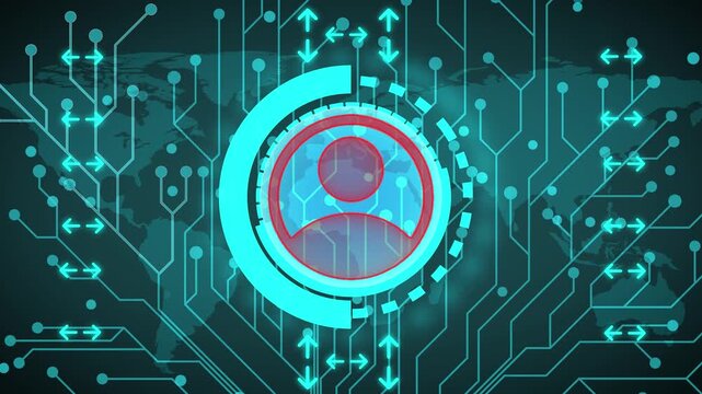 man icon with tie, black silhouette, and abstract red/blue background with dots