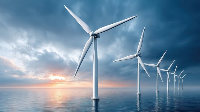 A serene seascape featuring multiple wind turbines against a dramatic sky, symbolizing renewable energy and environmental sustainability.
