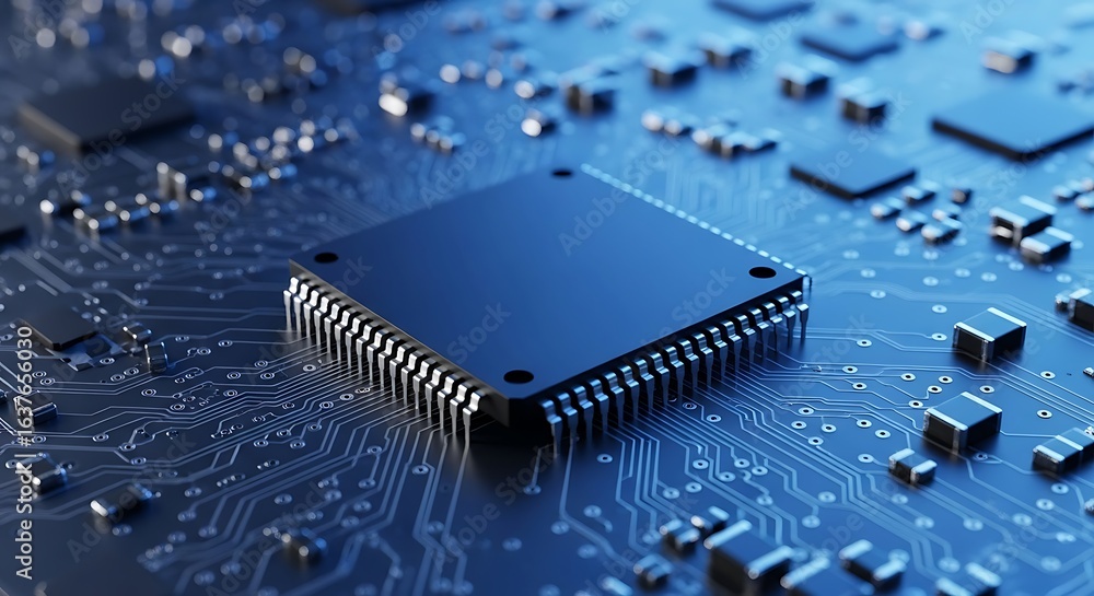 Aufkleber closeup of a central processing unit cpu on a blue circuit board, symbolizing advanced technology, d