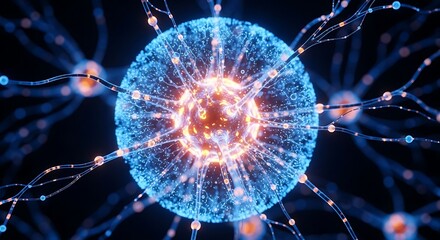 Closeup view of a glowing blue neuron with orange accents, representing brain activity and neural networks in a futuristic digital concept
