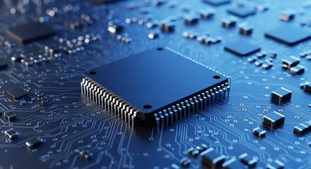 Closeup of a central processing unit cpu on a blue circuit board, symbolizing advanced technology, data processing, and digital connectivity