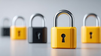 Naklejka premium A series of padlocks in different colors, focusing on a yellow lock in the foreground, symbolizing security and protection.