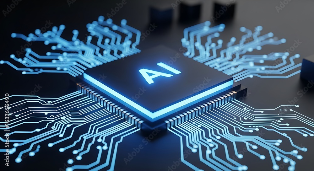 Poster closeup of a futuristic ai processor with glowing blue circuits on a dark background, symbolizing ar
