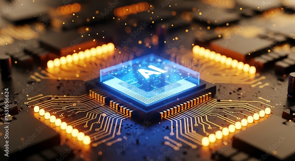 Poster advanced ai processor glowing with blue light and intricate circuits, surrounded by illuminated comp