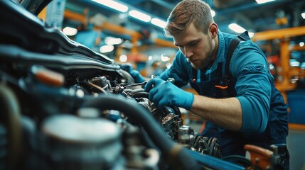 Man mechanic performing car maintenance with a creeper tool for easy access to vehicle undercarriage