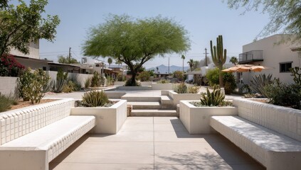 Fototapeta premium Sunny courtyard with white benches and desert landscaping