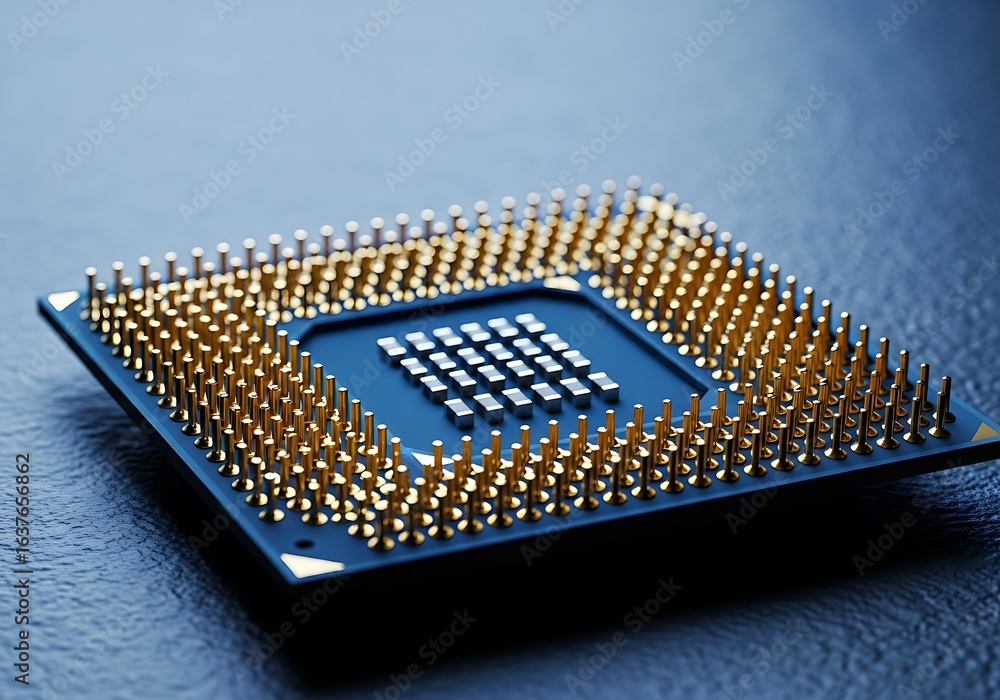 Poster closeup of a computer processor with many gold pins, highlighting its intricate electronic component