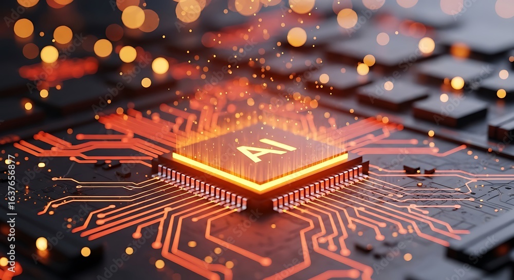 Poster futuristic ai processor glowing with orange light, surrounded by illuminated circuit board traces, s