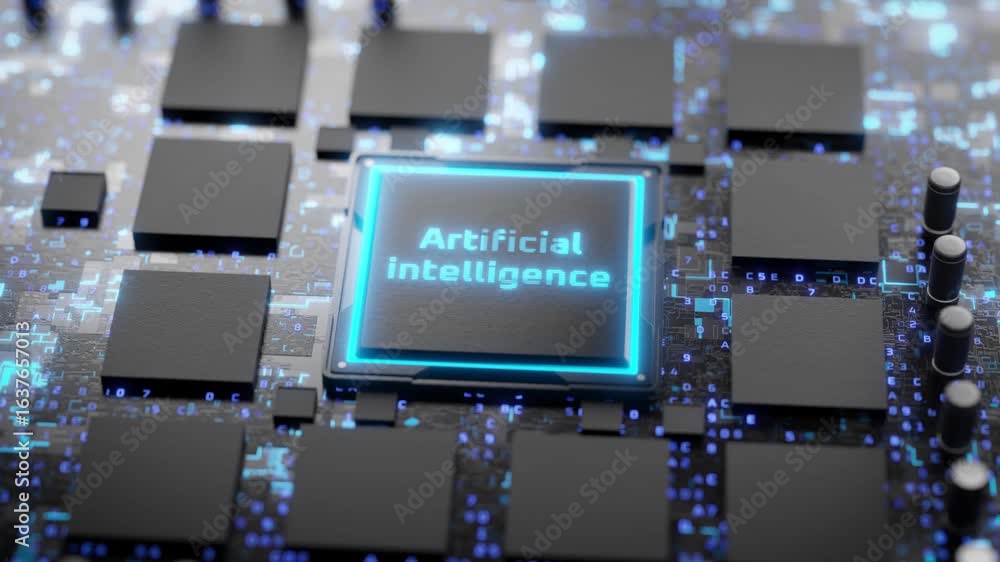 Poster artificial intelligence chip installed in socket. futuristic electronic printed circuit board with a