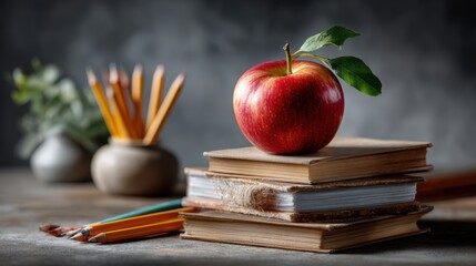 Stacks of books with one apple banner