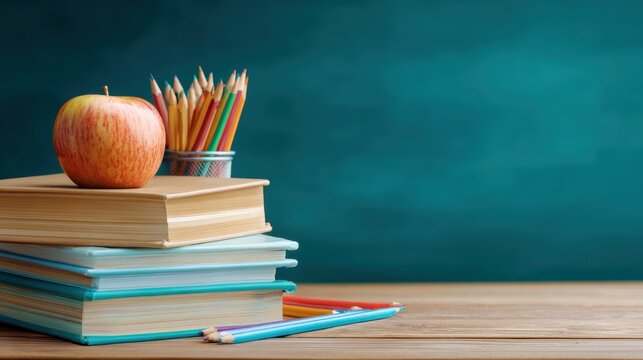 Stacks of books with one apple banner - Powered by Adobe