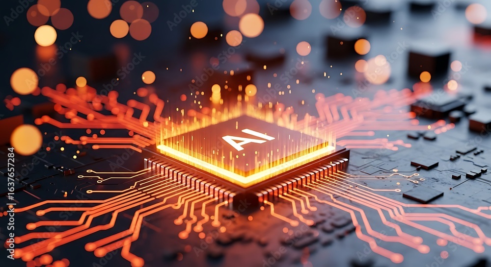 Poster glowing ai processor chip on a circuit board with orange light trails, symbolizing artificial intell