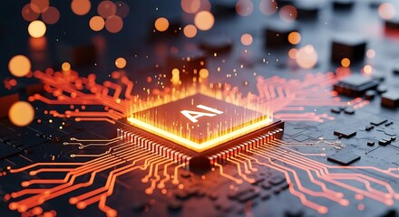 Glowing ai processor chip on a circuit board with orange light trails, symbolizing artificial intelligence and advanced technology