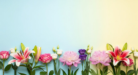 Fototapeta premium Floral arrangement on pastel background with lilies, roses, and peonies offering vibrant colors and graceful form.
