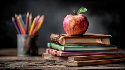 Stacks of books with one apple banner