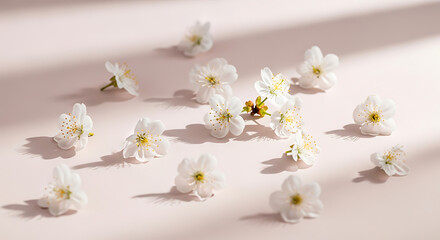 Obraz premium Delicate blossoms scattered on pale surface create a fresh floral arrangement, these little blossoms are a delightful representation of springtime's renewal and gentle beauty.