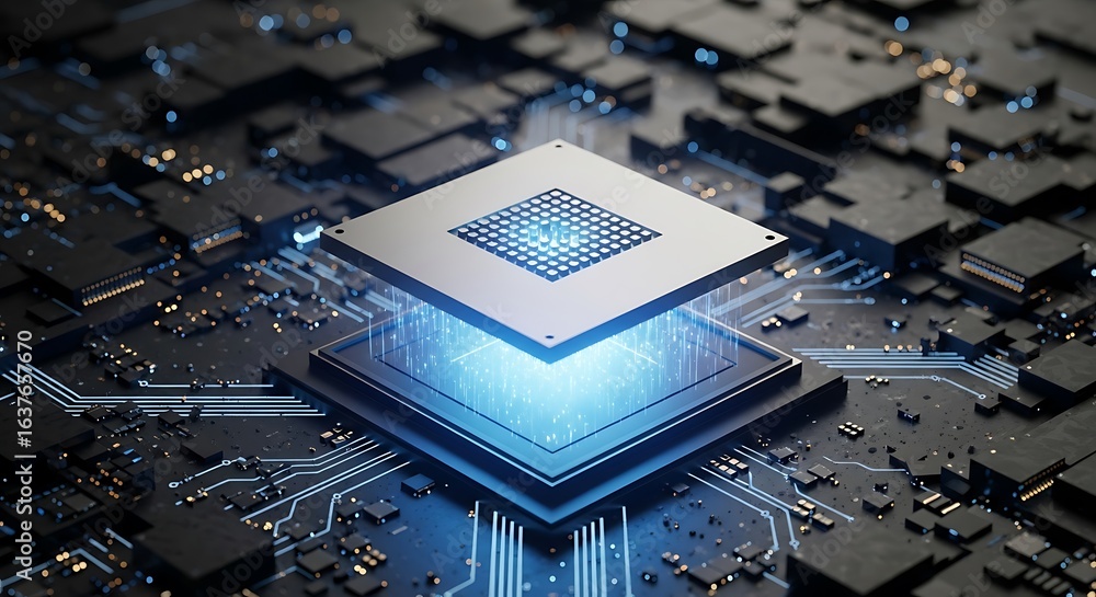 Poster futuristic computer processor chip with glowing blue light emanating from its core, set against a de