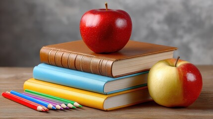 Stacks of books with one apple banner