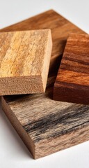 Close-up of three square wooden blocks in varying shades of brown and light beige