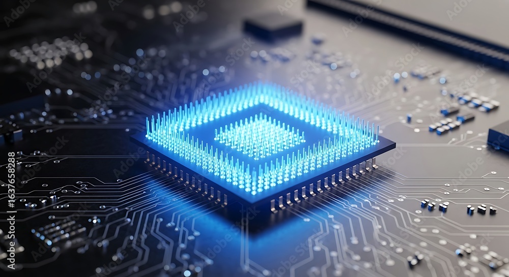 Poster a glowing blue computer processor cpu emitting light, set against a detailed circuit board backgroun