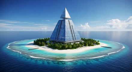 Pyramid Building on Tropical Island, Ocean View, Clear Sky, Modern Architecture