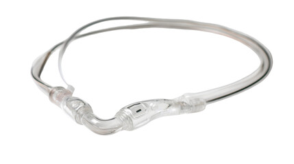 A close up shot of a clear nasal cannula oxygen delivery system on a black background in studio light