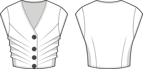 Stylish sleeveless button-up top, fashion design, CAD drawing, flat vector illustration, trendy women's wear, sewing pattern, garment sketch, apparel template