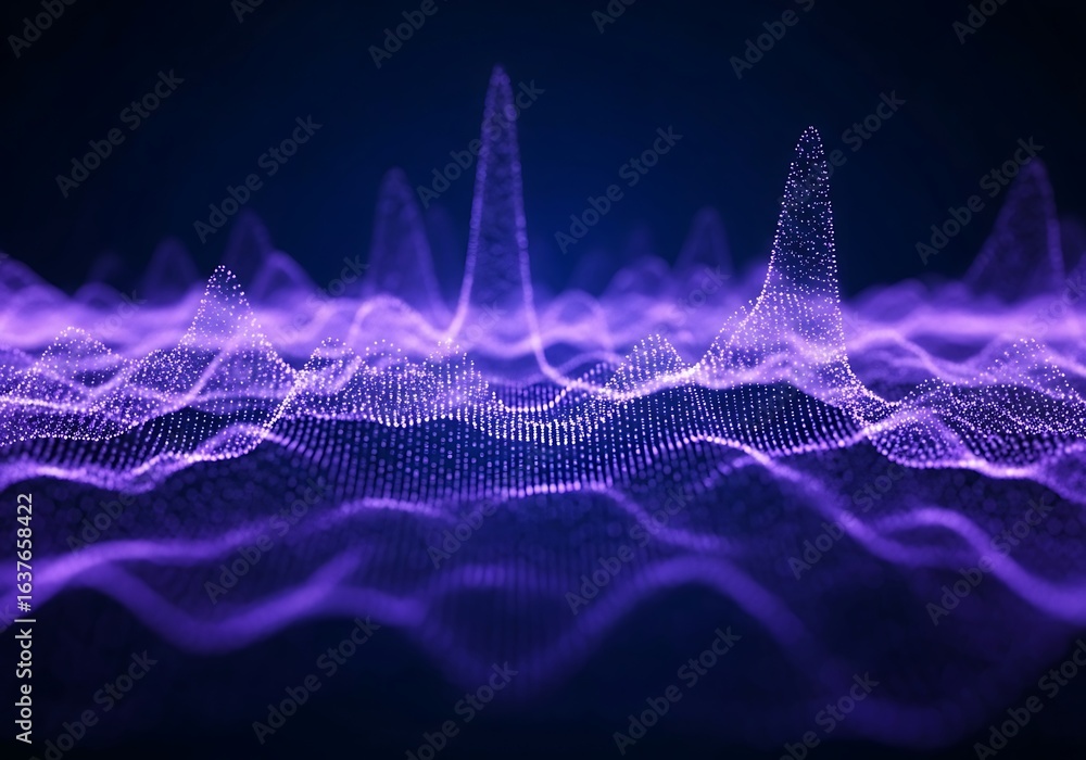 Poster abstract glowing purple sound wave visualization with particles and light effects on a dark backgrou