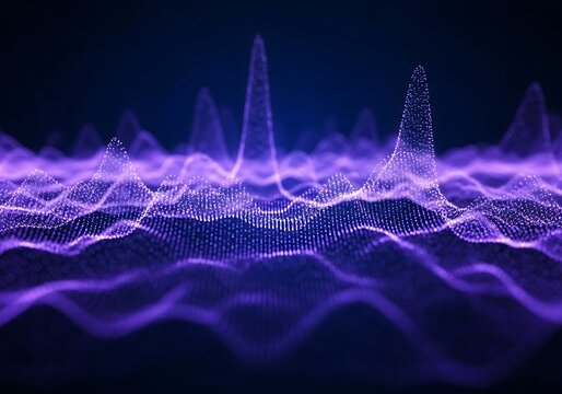 Abstract glowing purple sound wave visualization with particles and light effects on a dark background, representing digital data flow and audio