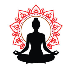 Elegant female silhouette in yoga lotus pose with a circular mandala background, black solid vector style, clean and minimal, isolated on white background, perfect for wellness brand logo, T-shirt,