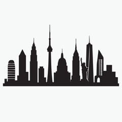 Black silhouette vector of a modern city skyline with famous buildings and skyscrapers, clean minimal style, isolated on white background, perfect for T-shirt