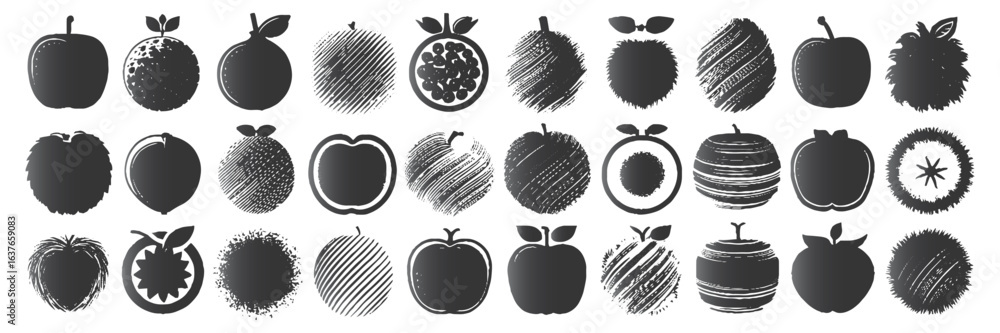 Poster silhouettes of various fruits in rows, each with unique textures and shapes, conveying diversity and