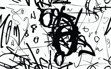 graffiti seamless pattern with abstract tags, letters without meaning. Fashion hand drawing texture, street art retro style, old school design for Tees, textile, black white.eps8