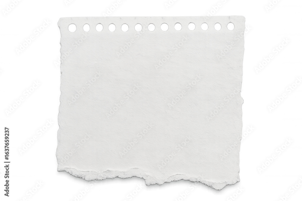 Poster blank white torn notebook page with punched holes, ready for custom text or graphic design on transp