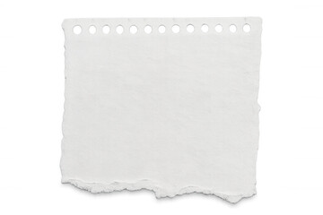 Blank white torn notebook page with punched holes, ready for custom text or graphic design on transparent backdrop