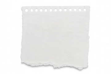 Blank white torn notebook page with punched holes, ready for custom text or graphic design on transparent backdrop