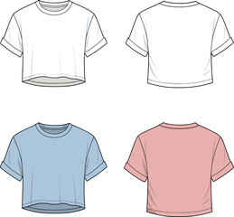 Cropped t-shirt flat sketch with rolled sleeves, crew neck, casual crop top, front and back views, multiple color options, fashion illustration