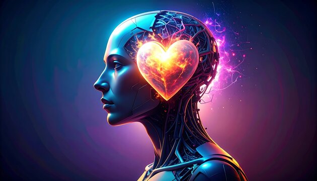 A futuristic robot head, heart-shaped light