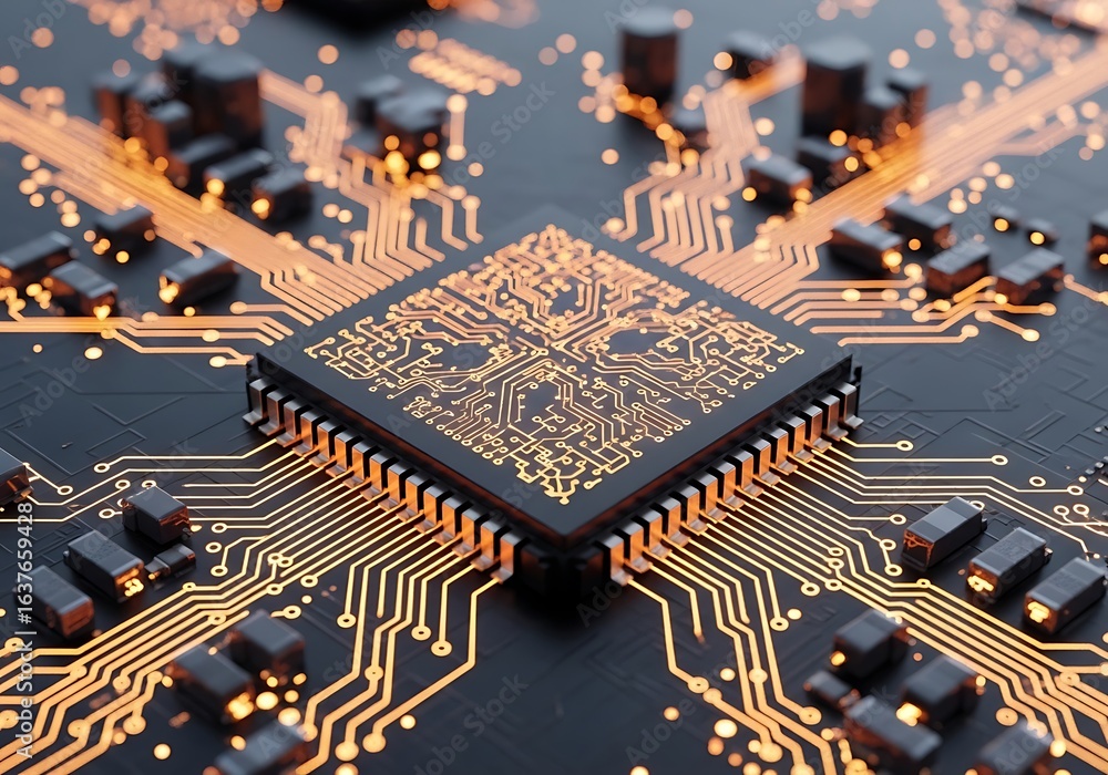 Poster detailed view of a central processor chip on a dark circuit board with glowing orange lines, symboli