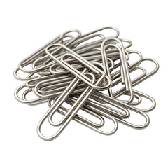 Pile of silver metal paperclips isolated on transparent background