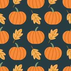 Seamless pattern with orange pumpkins and autumn leaves on dark blue background, ideal for Halloween, fall decorations, and seasonal designs.