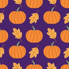 Seamless pattern with orange pumpkins and autumn leaves on a purple background, ideal for Halloween, fall decorations, and seasonal designs.
