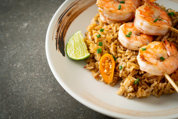 fried rice with shrimps skewers
