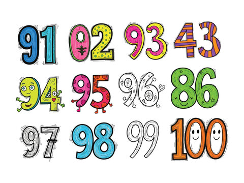  Whimsical Number Display: A vibrant and playful arrangement of hand-drawn numbers from 91 to 100, showcasing creative typography and a colorful palette.