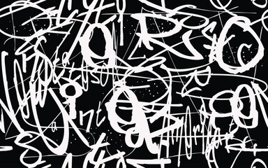 Graffiti handwritten pattern design vector, Seamless writing pattern with isolated abstract hand drawn art brush background elements, white and black .eps8