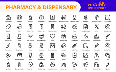 Pharmacy and dispensary icons. outline thin line icons such as apps, chemicals, drugs, weight, glucometer, syringe, and formula.
