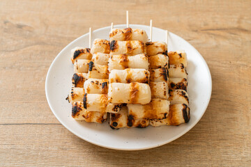 grilled tube shaped fish paste cake skewe or tube squid skewer