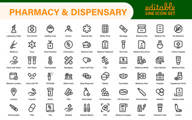 Pharmacy and dispensary icons. outline thin line icons such as apps, chemicals, drugs, weight, glucometer, syringe, and formula.