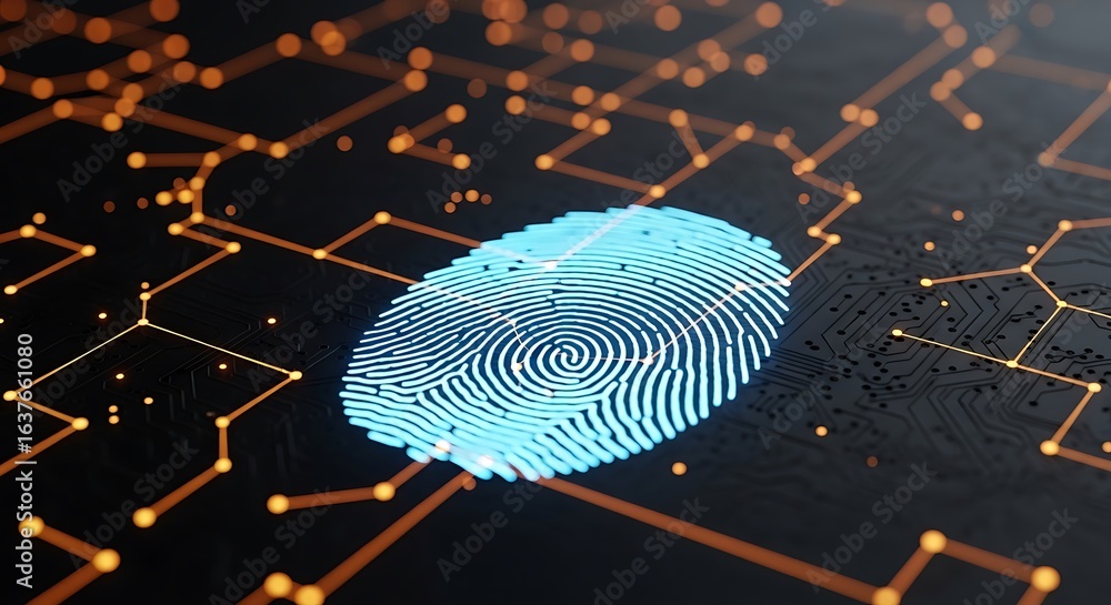Poster digital fingerprint scan on a glowing circuit board, representing biometric identity and security te